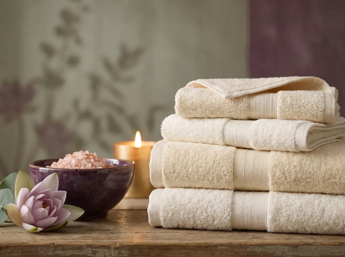 Folded ivory linens and a lotus blossom beside a bowl of salt