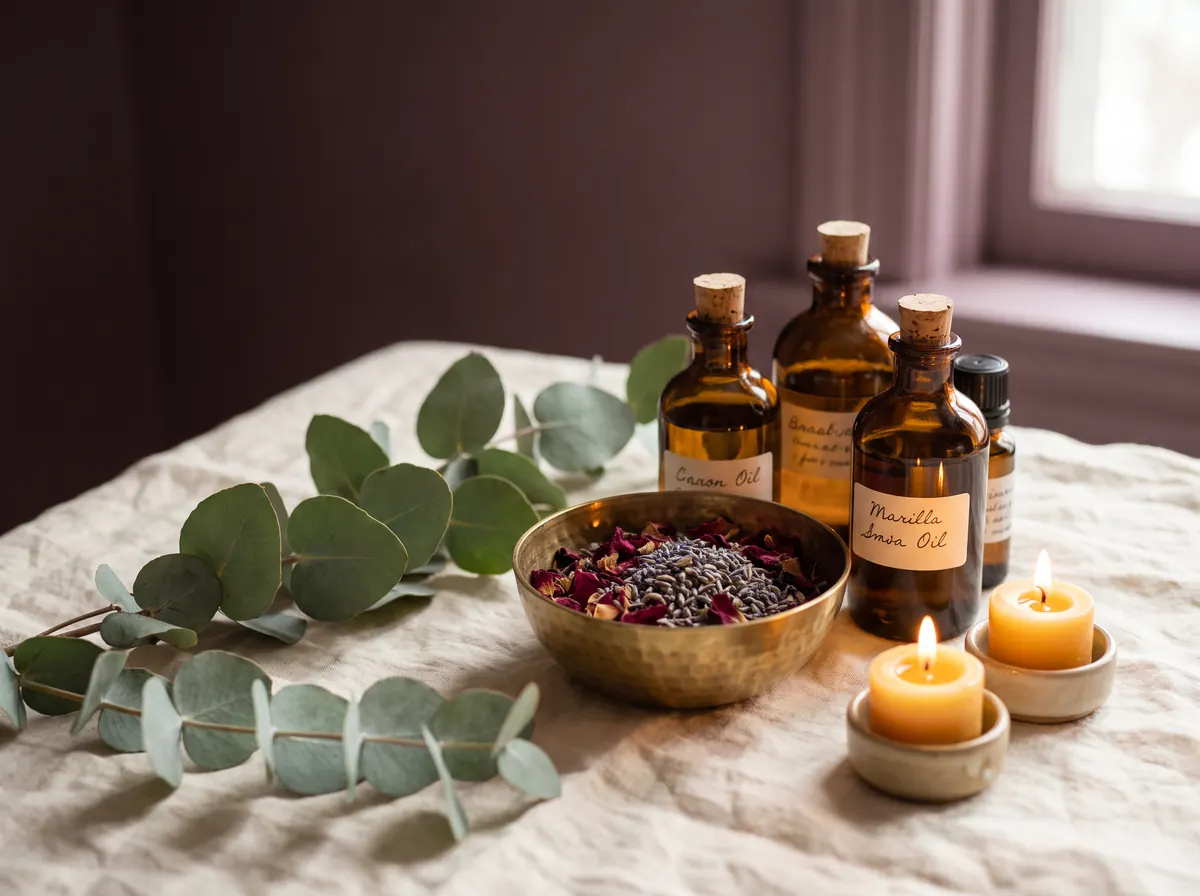Amber oil bottles, dried botanicals, and candlelight on linen