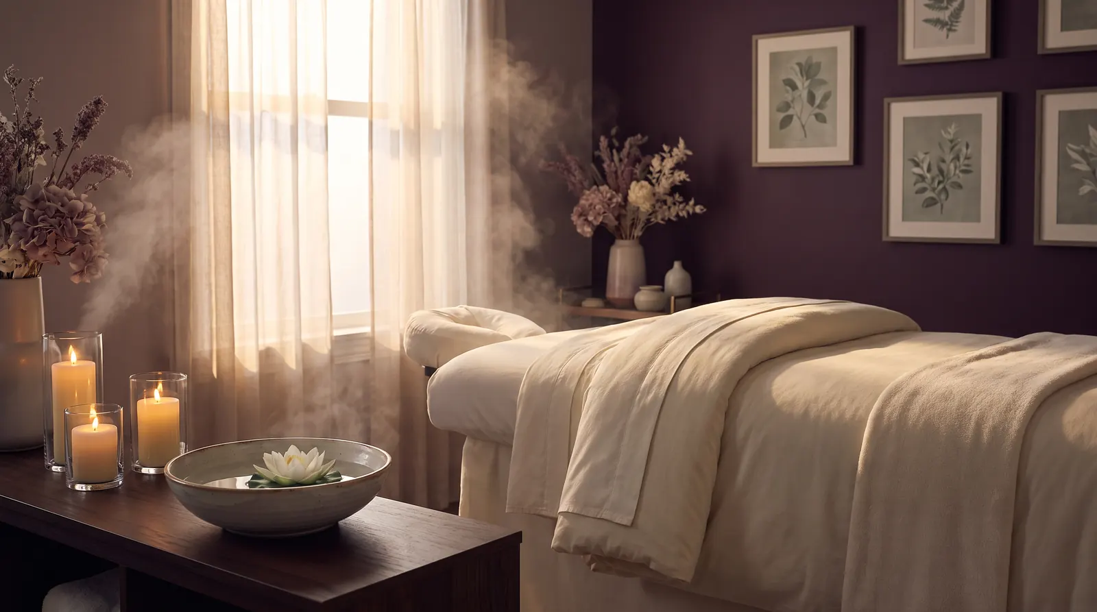 A candlelit treatment room dressed in ivory linens