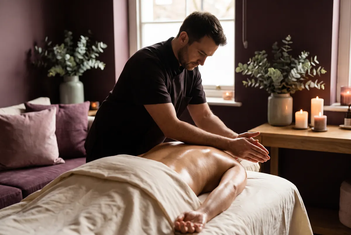 Flowing full-body bodywork with warm oil in a plum-toned room
