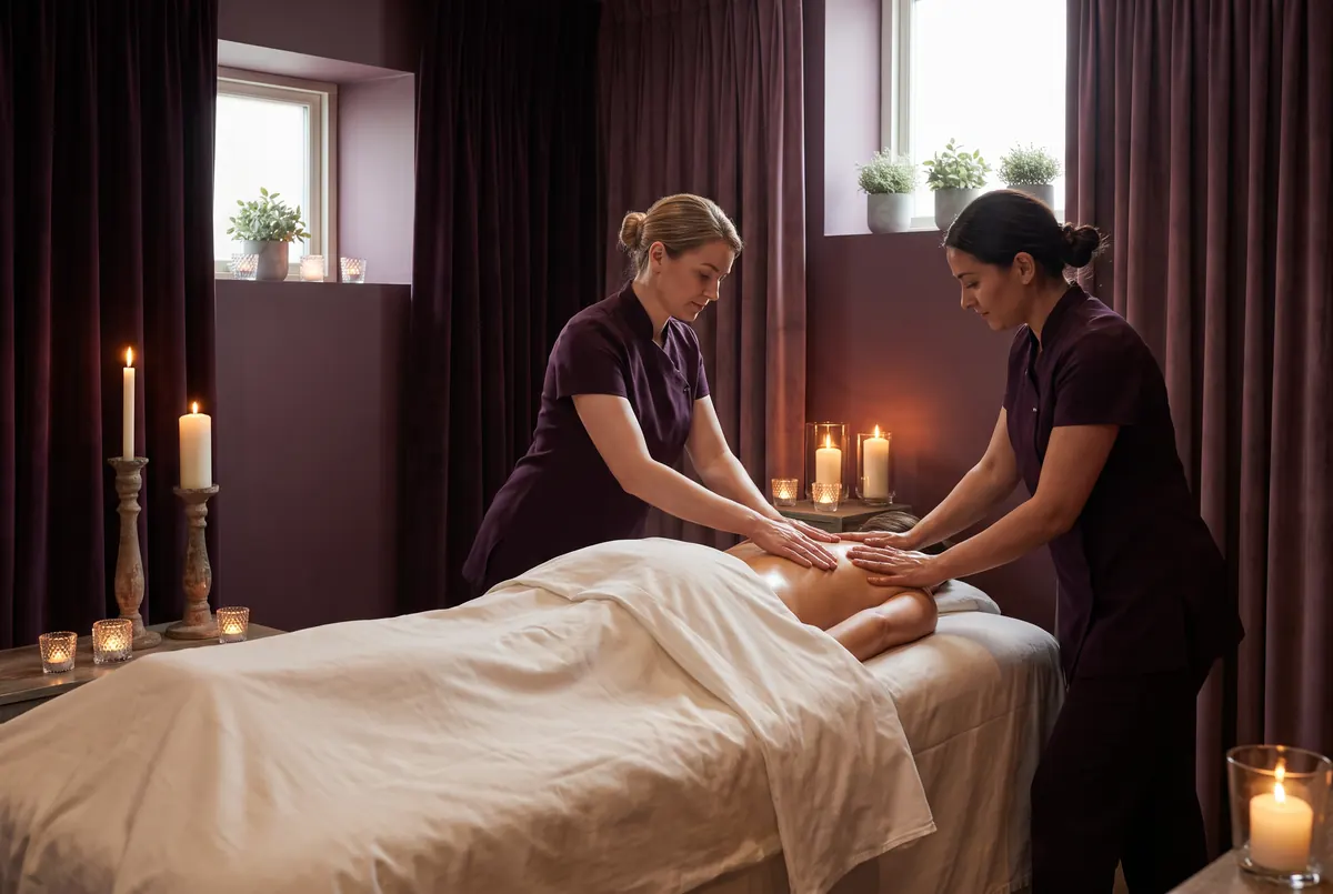 Two therapists working in synchronized motion in a candlelit treatment room